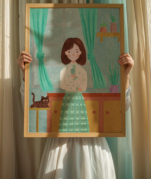 Charming Illustration of Woman and Cat in Cozy Living Room