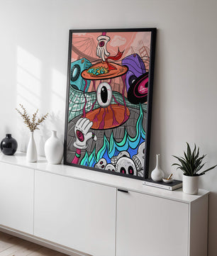 Ilustración abstracta surrealista colorida con un ojo vívido y elementos surrealistas