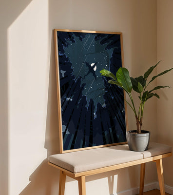 Dragon flying through starry night sky above dark forest