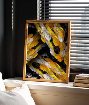 Abstract Composition with Yellow and White Feathers on a Black Background - Mi tienda