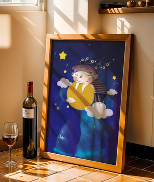 Scène nocturne onirique avec un enfant étreignant la lune