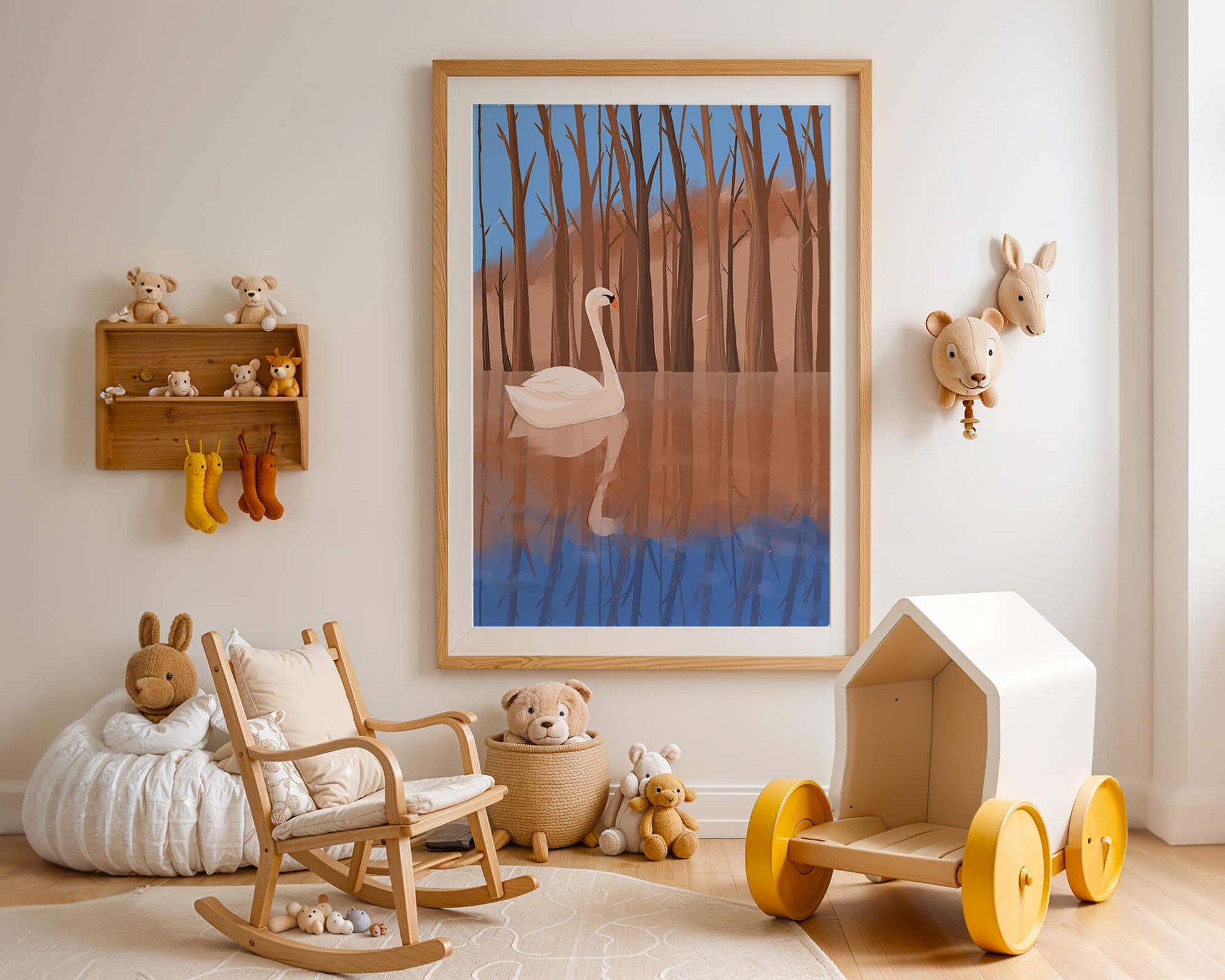 Serene swan on calm water with reflections of trees