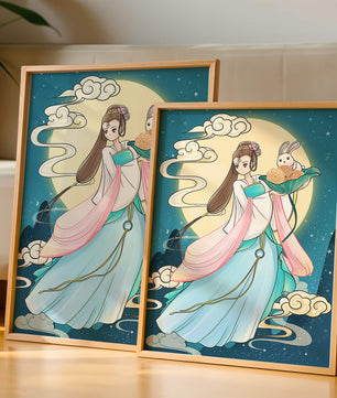 Traditional Asian-inspired artwork featuring a woman and rabbit under a moonlit sky