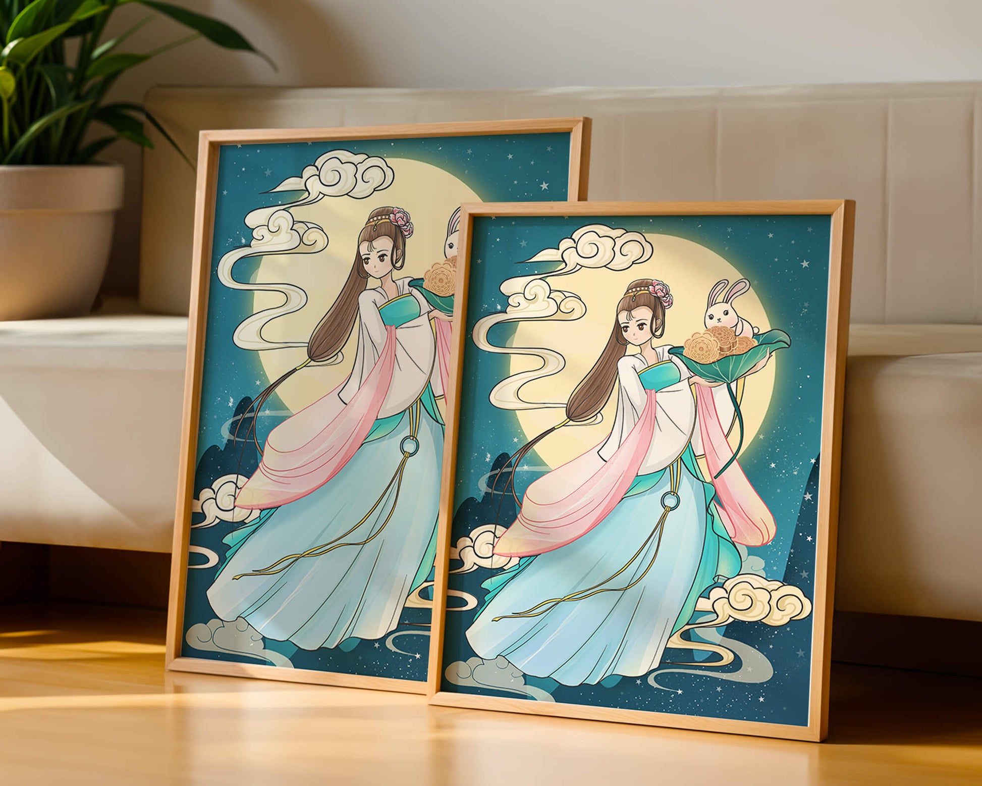 Traditional Asian-inspired artwork featuring a woman and rabbit under a moonlit sky