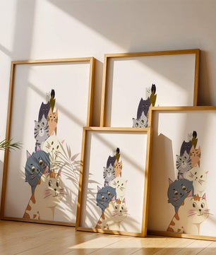 Stack of adorable cartoon cats with diverse patterns and colors