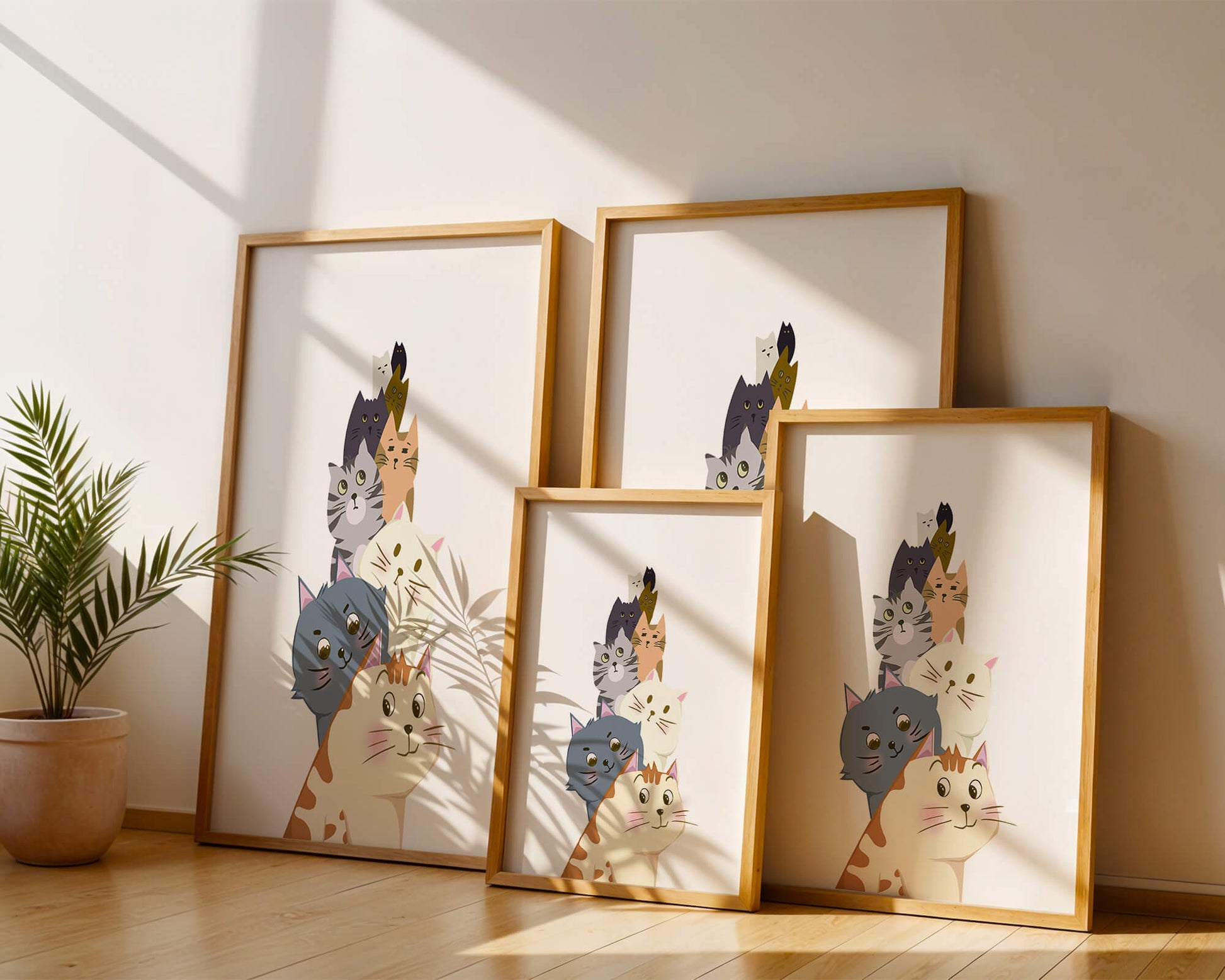 Stack of adorable cartoon cats with diverse patterns and colors