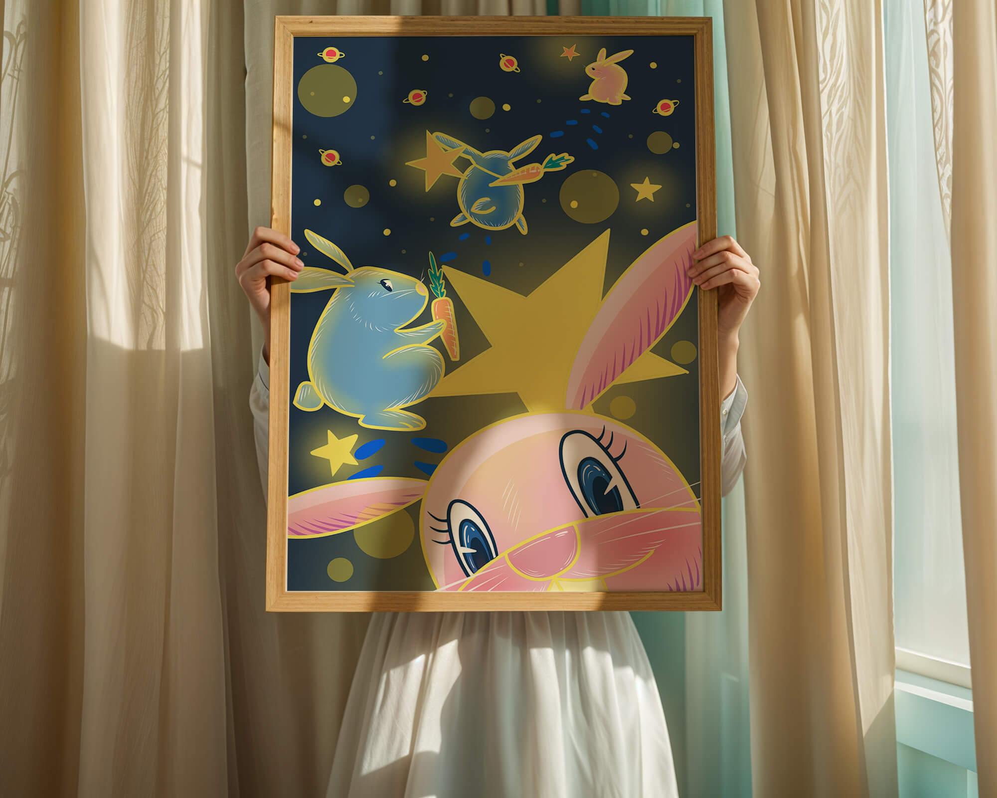 Playful bunnies with carrots and stars in a whimsical space scene