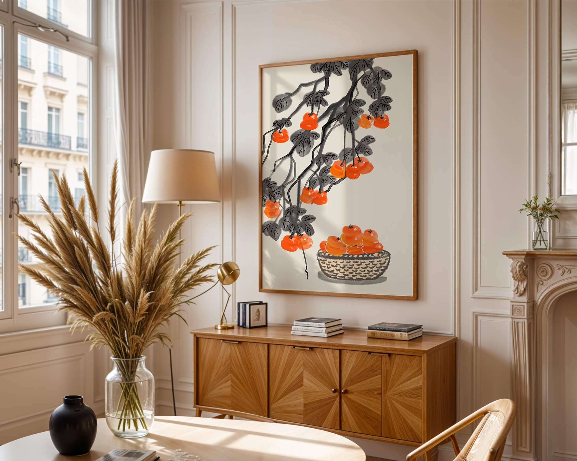 Artistic depiction of hanging persimmons with basket on watercolor canvas