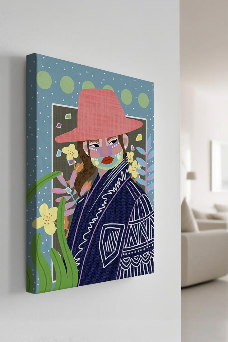 Retrato colorido con patrones y elementos abstractos