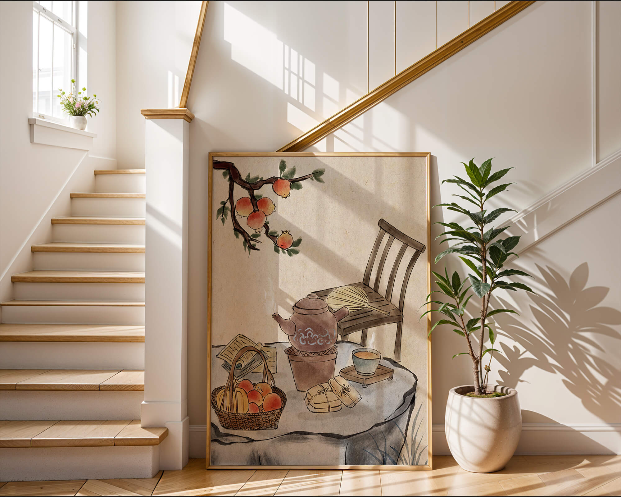 Watercolor painting of tea time setting with fruits and wooden chair