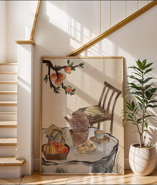 Peinture à l’aquarelle d’un moment de dégustation de thé avec des fruits et une chaise en bois