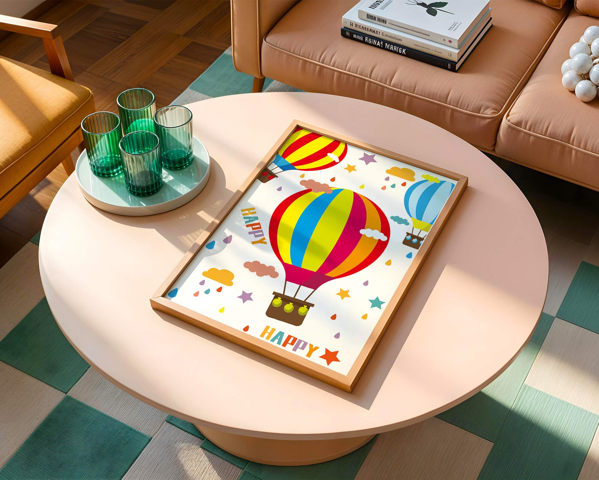 Colorful hot air balloons and happy clouds illustration