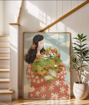 Femme fantaisiste tenant un paysage miniature avec famille et maisons