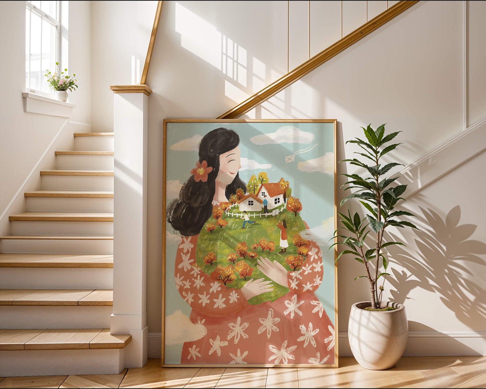 Whimsical Woman Holding Miniature Landscape with Family and Houses