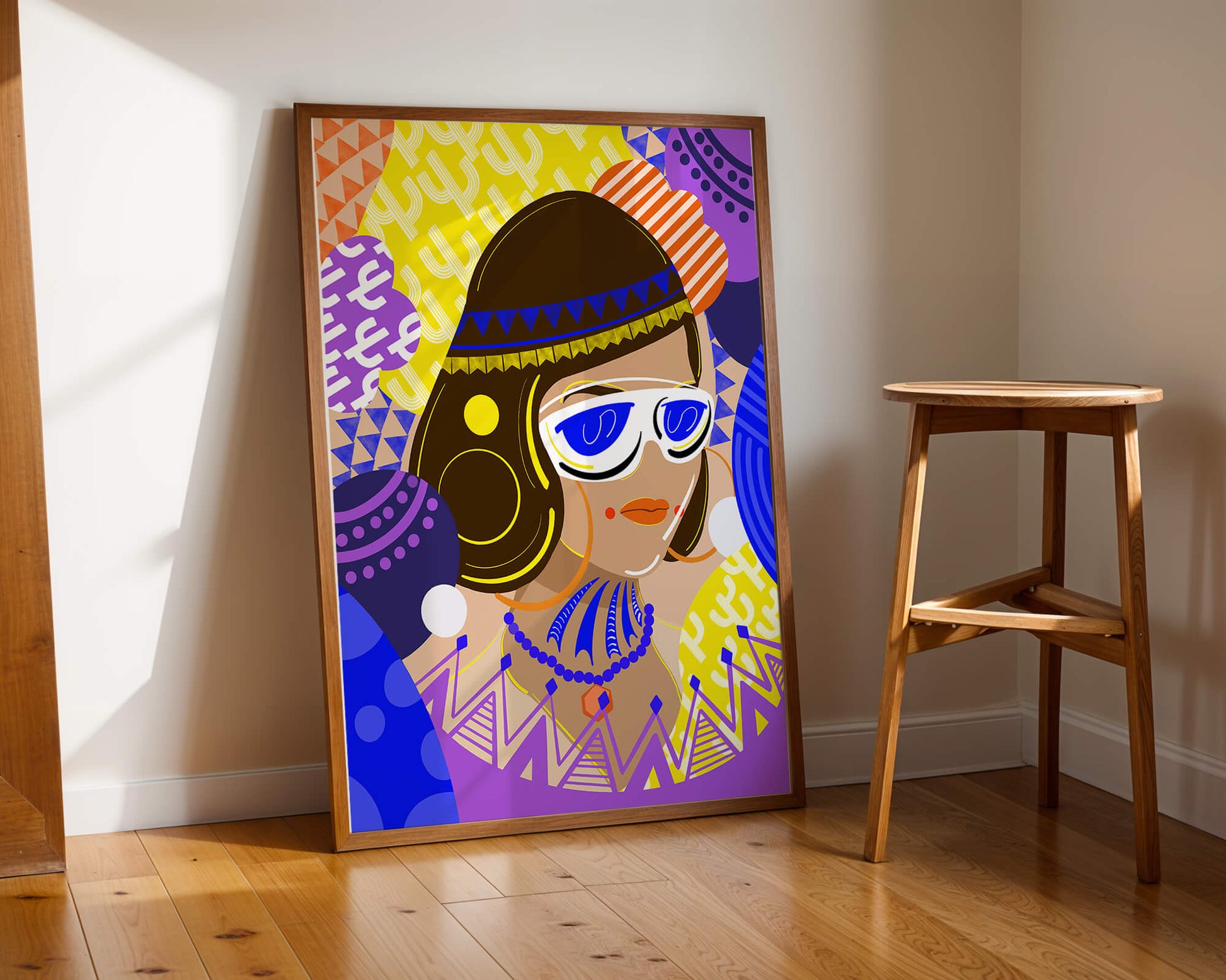 Portrait abstrait coloré avec des motifs géométriques vibrants