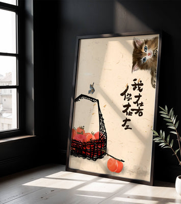 Peaceful illustration with kitten, bird, and basket of tomatoes in soft tones