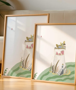Whimsical Landscape with Fantasy Village and Watermelon Elements