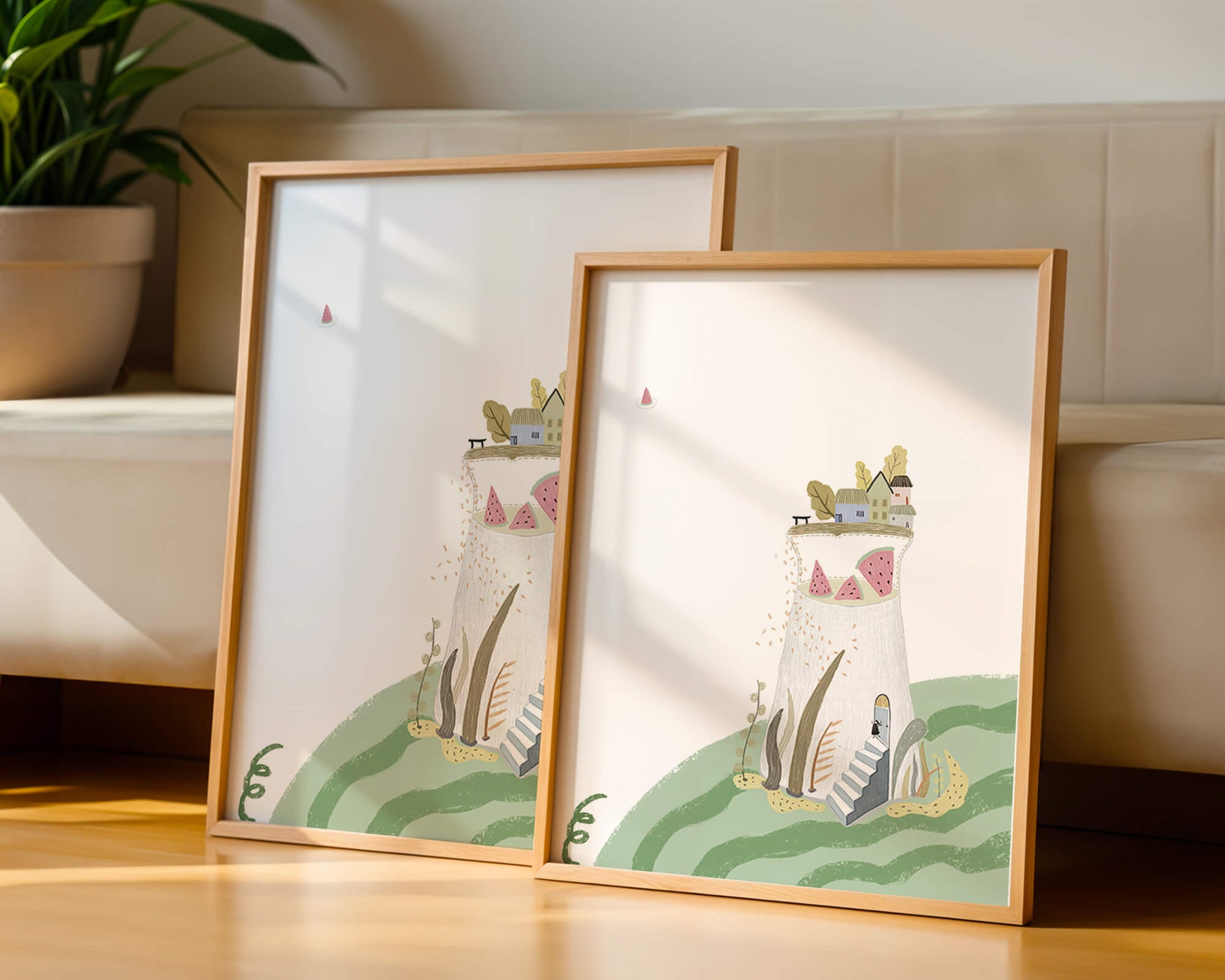 Whimsical Landscape with Fantasy Village and Watermelon Elements