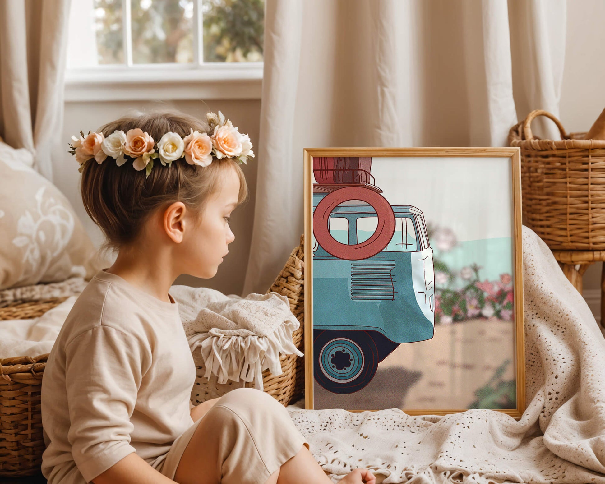 Viaje por carretera de verano en una furgoneta azul vintage