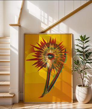 Abstract vibrant sunflower art with dynamic geometric shapes