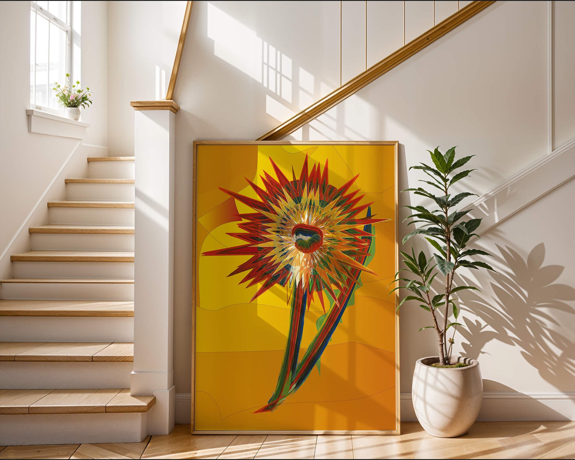 Abstract vibrant sunflower art with dynamic geometric shapes