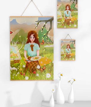 Ilustración de una chica pintando al aire libre rodeada de mariposas y flores
