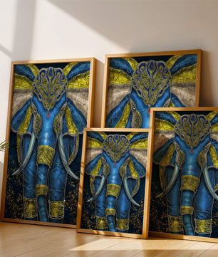 Blue and gold ornate elephant with intricate patterns