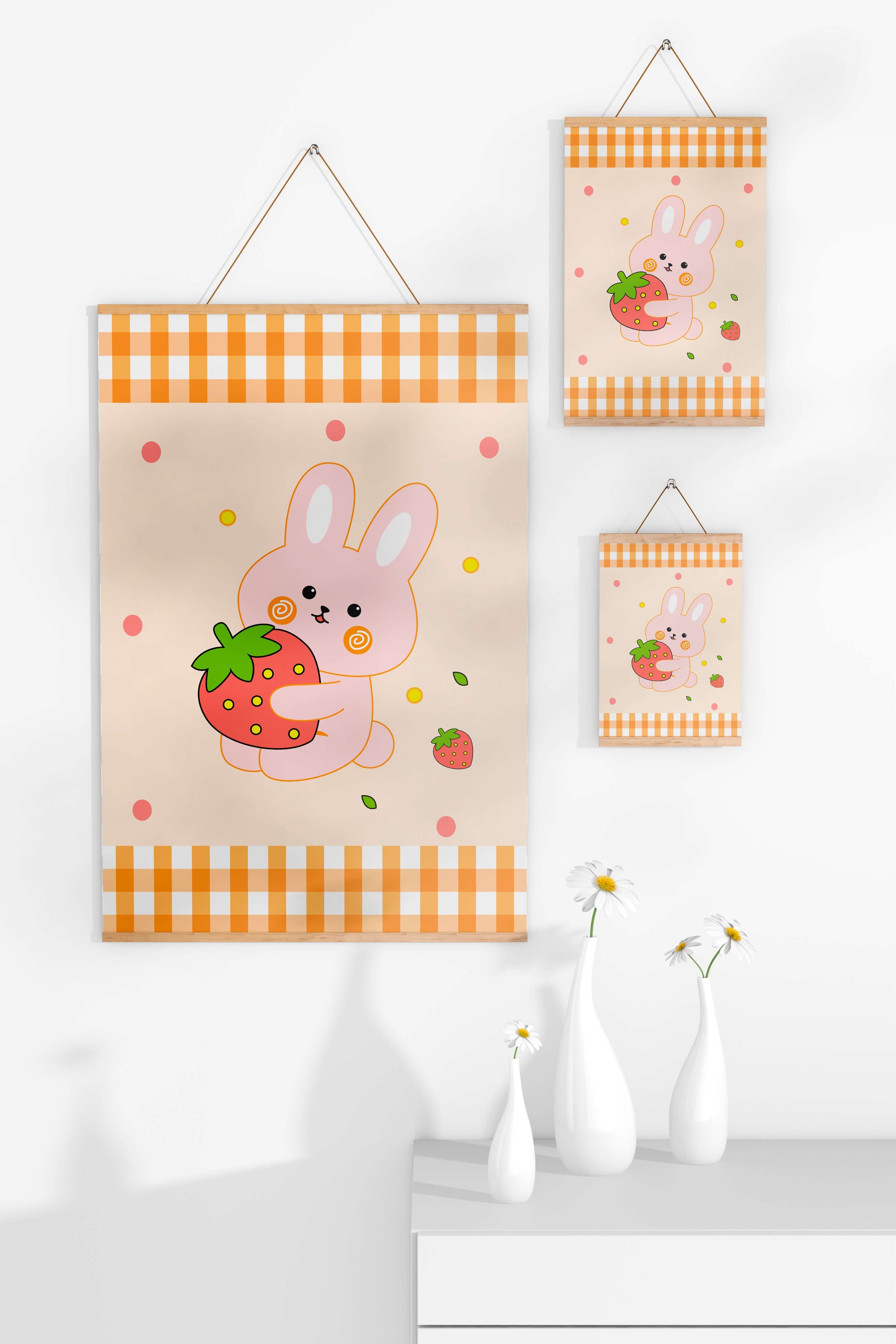 Adorable bunny holding strawberry illustration with gingham pattern