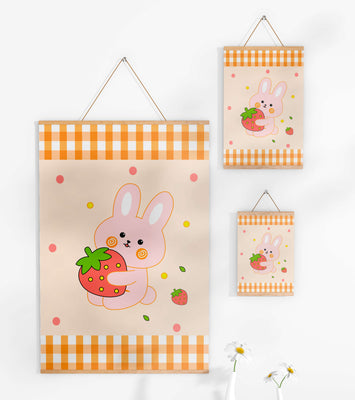 Adorable bunny holding strawberry illustration with gingham pattern