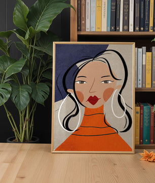 Colorful abstract portrait featuring a woman with red lips and hoop earrings on textured background - Mi tienda