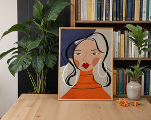 Colorful abstract portrait featuring a woman with red lips and hoop earrings on textured background - Mi tienda