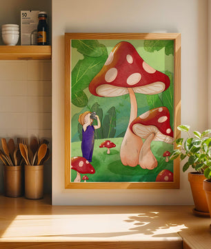 Playful illustration of a child with oversized mushrooms in a whimsical forest setting