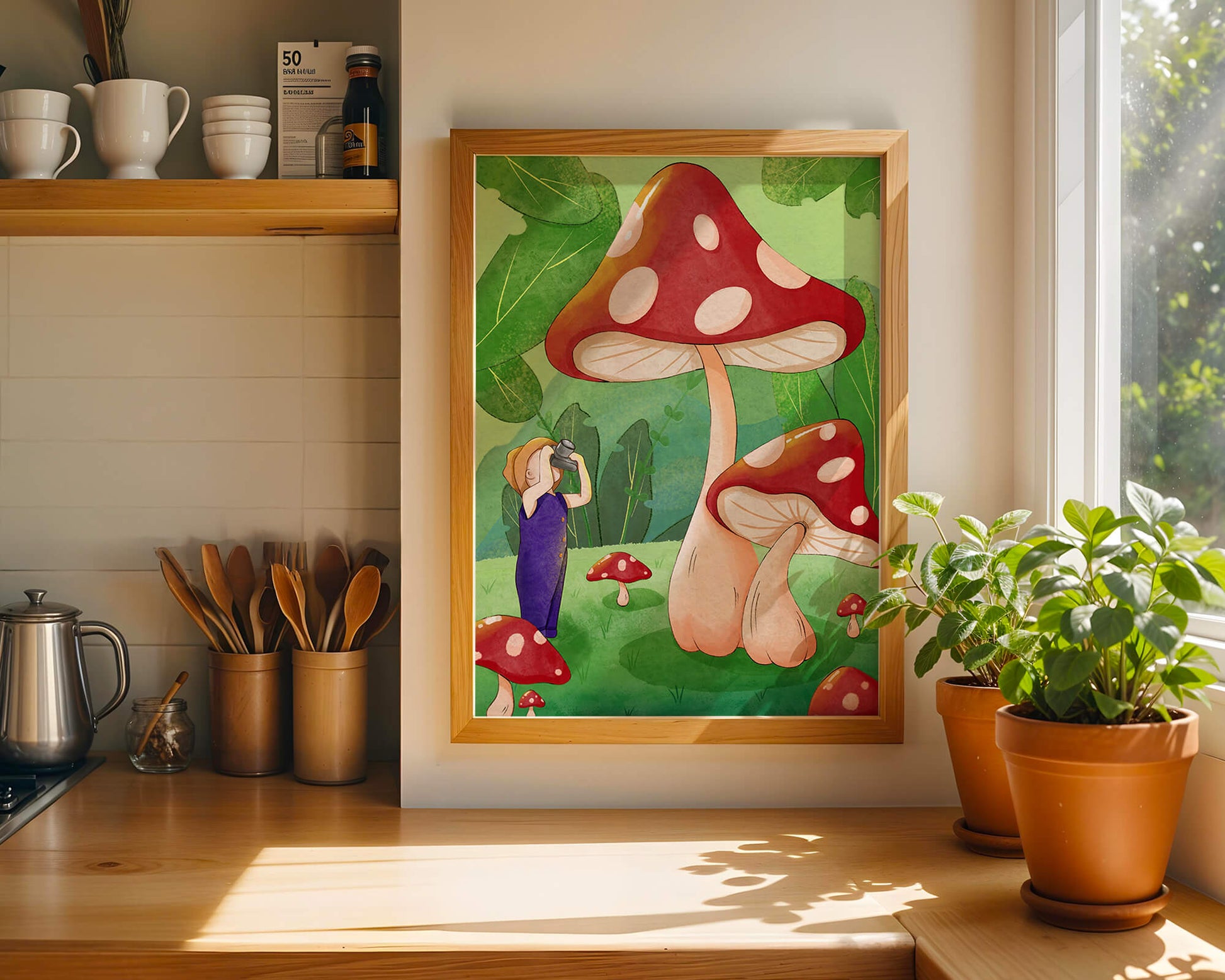 Playful illustration of a child with oversized mushrooms in a whimsical forest setting