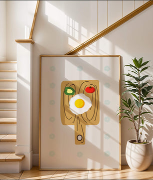 Ilustración de una escena de desayuno con huevo, aguacate y tomate sobre tabla de madera