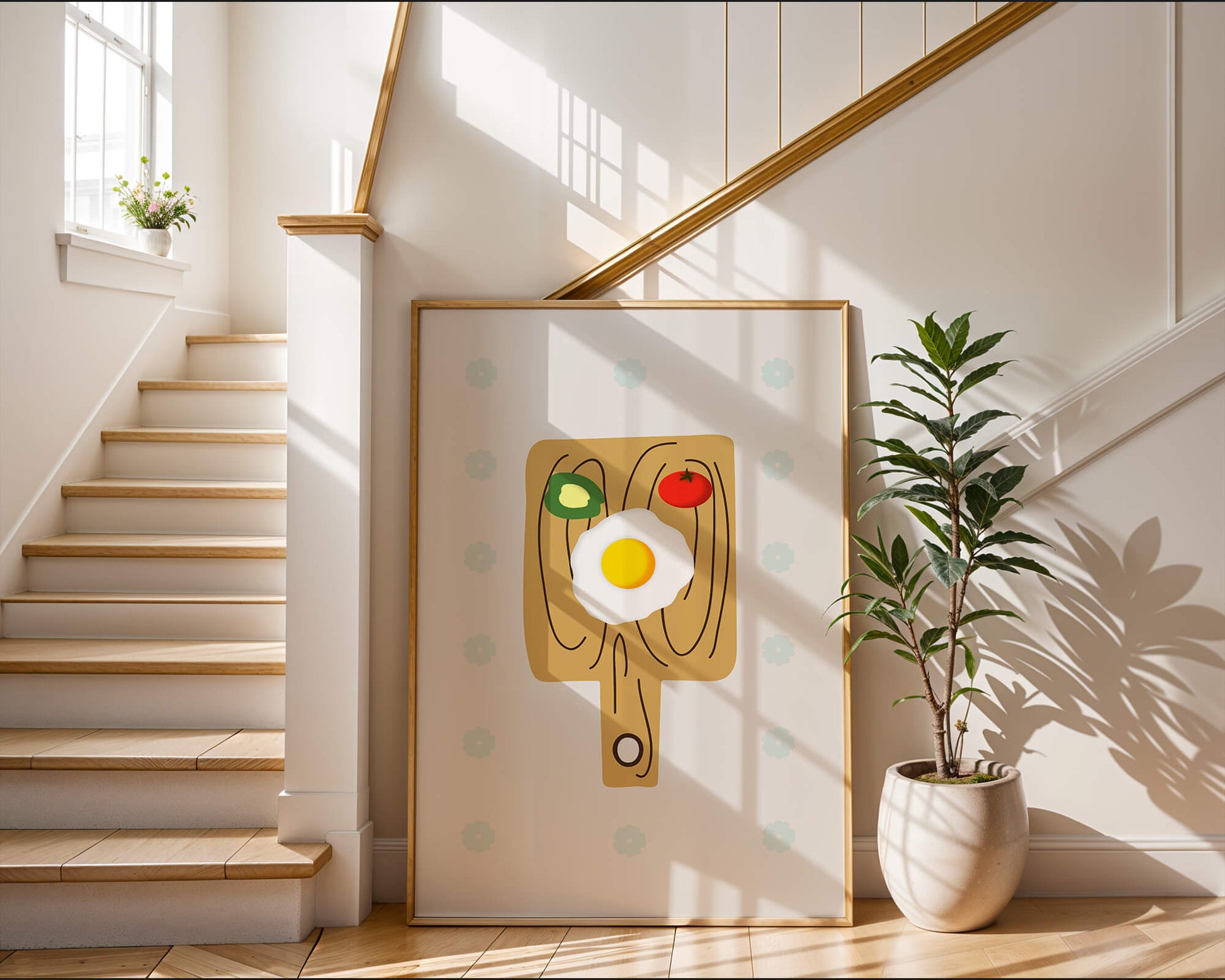 Ilustración de una escena de desayuno con huevo, aguacate y tomate sobre tabla de madera