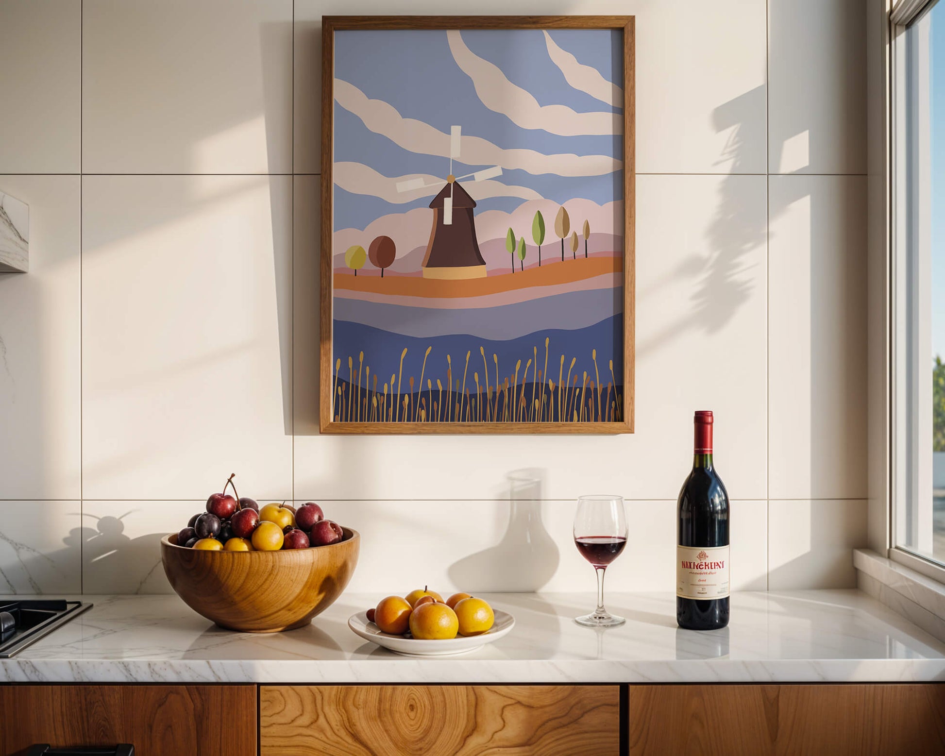 Colorful Landscape Featuring Windmill and Abstract Trees