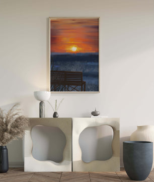 Serene Sunset Overlooking the Ocean with a Wooden Bench