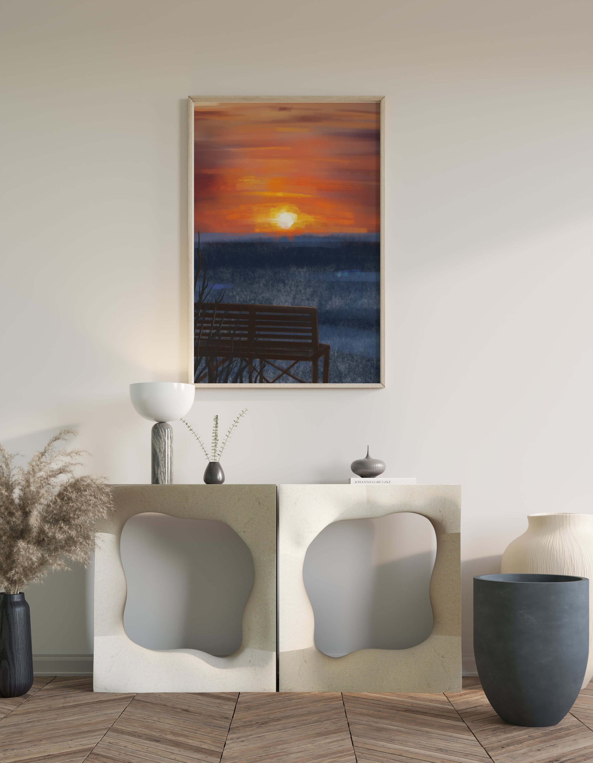 Serene Sunset Overlooking the Ocean with a Wooden Bench