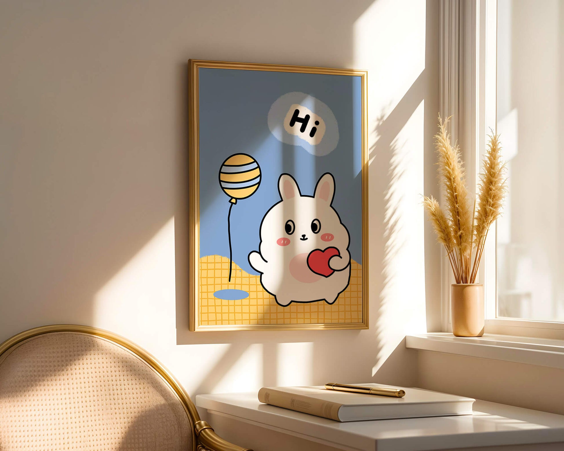 Adorable cartoon bunny with balloon and heart illustration