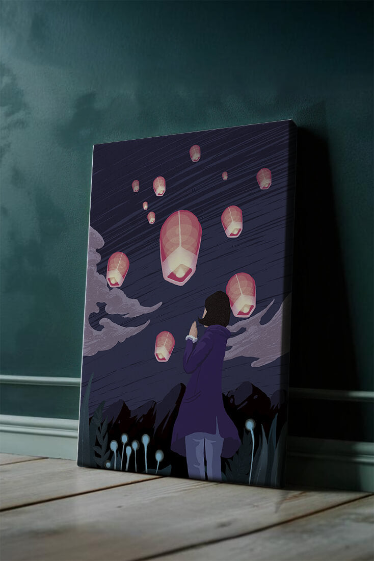 Girl Watching Pink Lanterns Soaring into the Night Sky