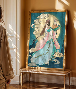 Traditional Asian-inspired artwork featuring a woman and rabbit under a moonlit sky