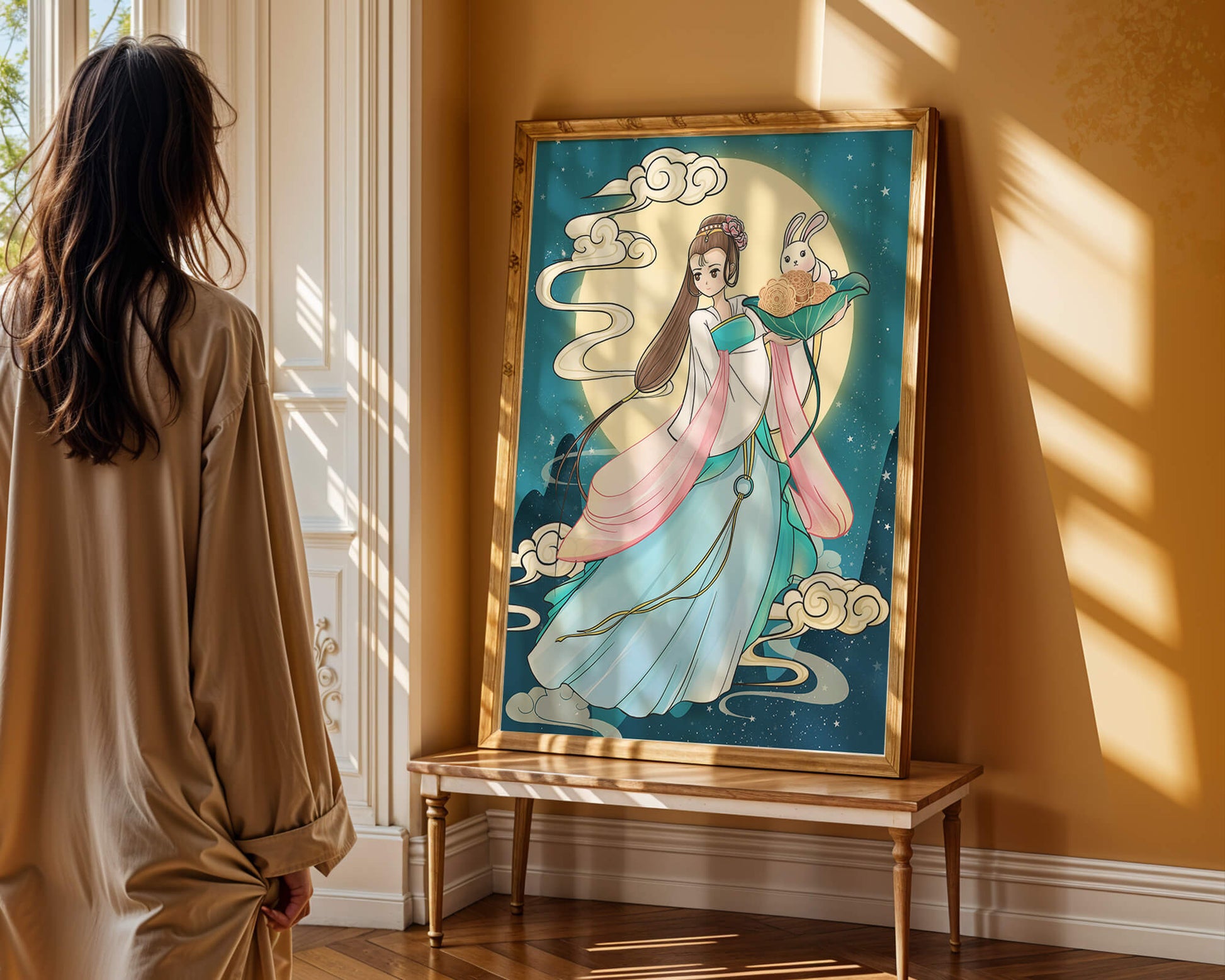 Traditional Asian-inspired artwork featuring a woman and rabbit under a moonlit sky