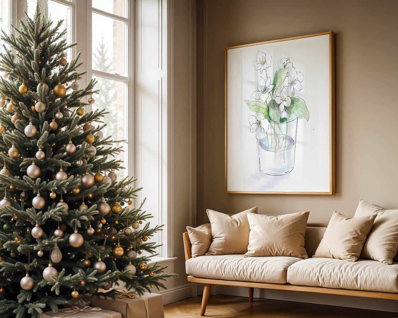 Delicate white flowers in a glass vase illustration