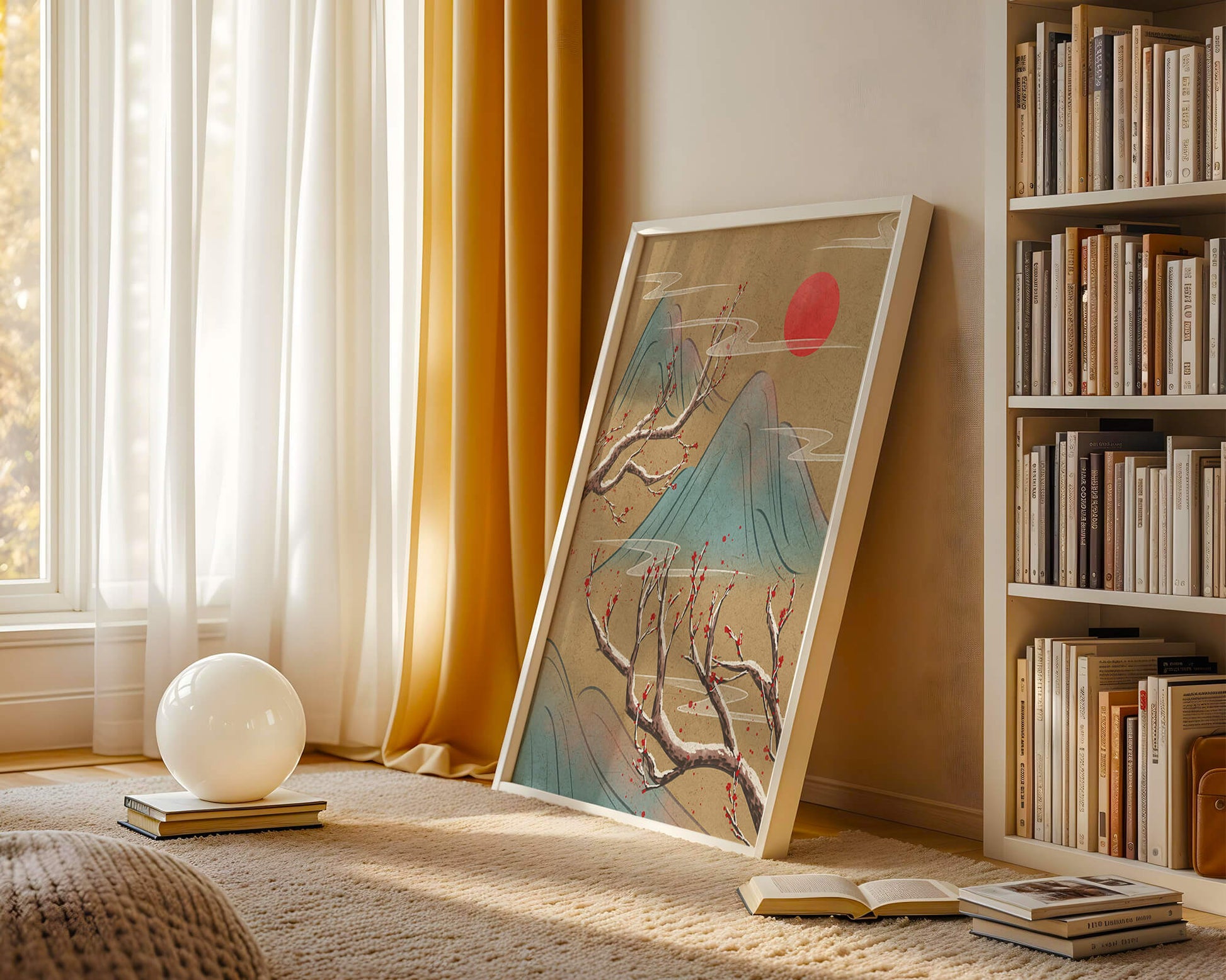 Tranquil landscape with cherry blossom and red sun