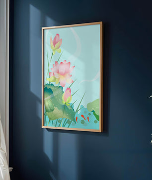 Loteo de flores de loto ilustrativas con hojas y peces koi en un estanque sereno
