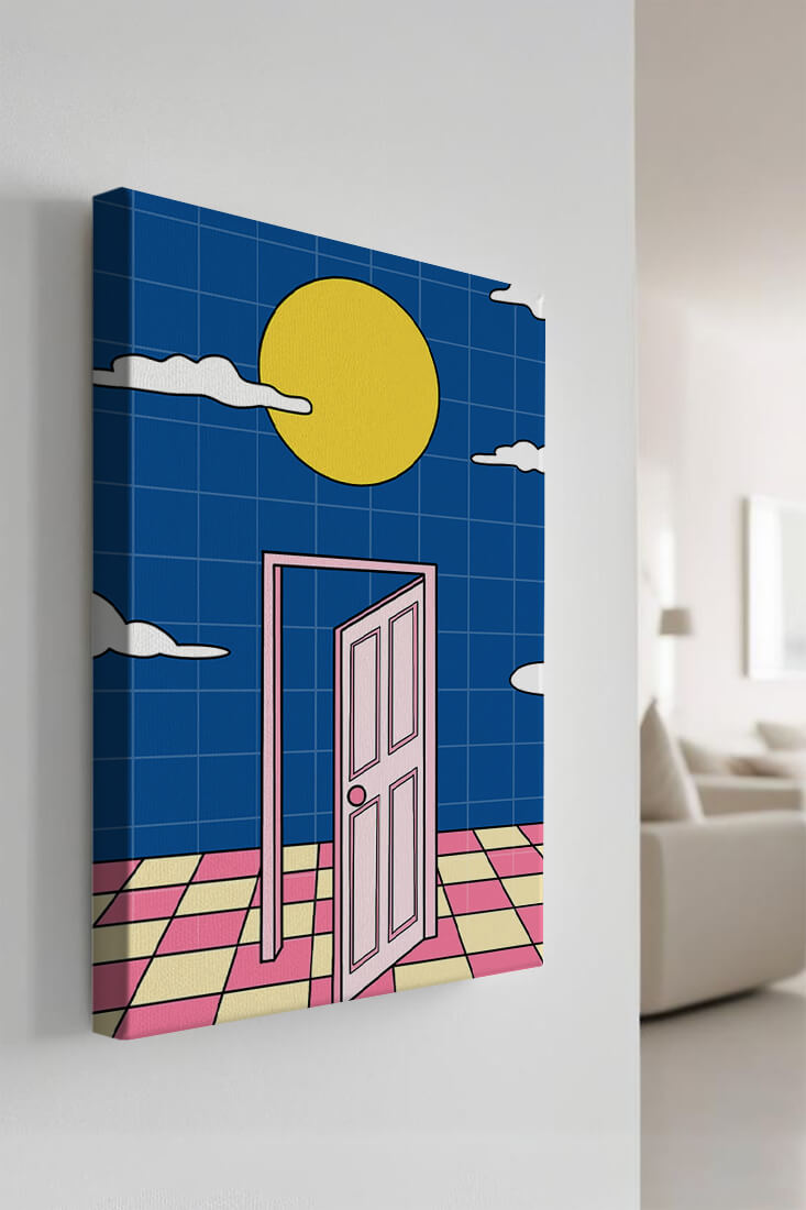 Surreal doorway with pink door under yellow sun and blue sky