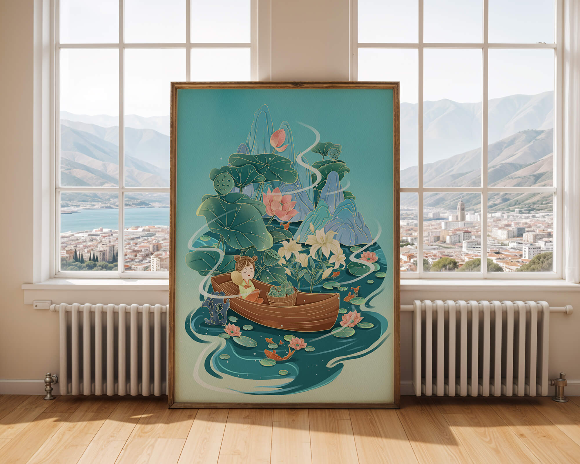 Serene landscape with lotus and boat in a tranquil water scene