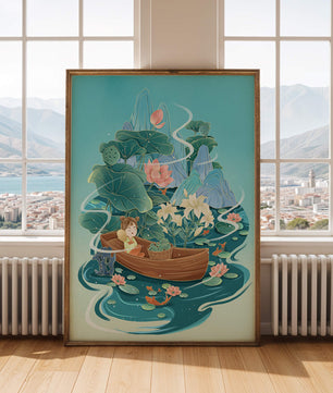 Heitere Landschaft mit Lotus und Boot in einer ruhigen Wasserszene