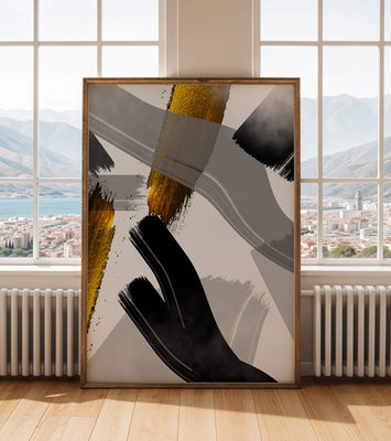 Abstract art piece with gold and black brushstrokes on a gray background