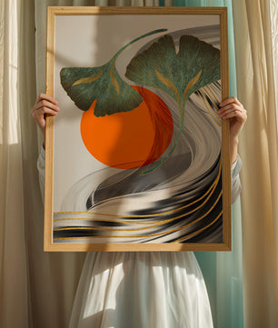 Hojas de Ginkgo abstractas con círculo naranja y ondas plateadas